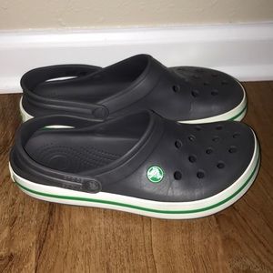 grey green and white crocs